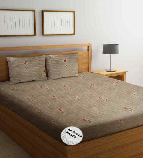 Peach Floral 300 TC Glaze Cotton Fitted Bed Sheet Double Bed with 2 Pillow Covers Essential Collection