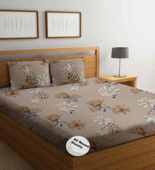 Peach Floral 300 TC Glaze Cotton Fitted Bed Sheet Double Bed with 2 Pillow Covers Essential Collection
