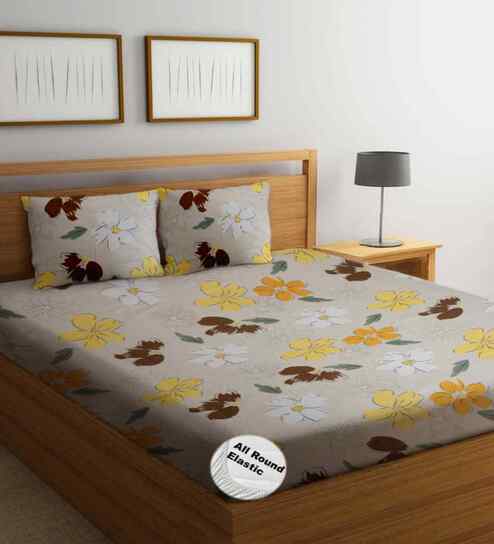 Multicolor Floral 350 TC Glaze Cotton Queen Size Bedsheet with 2 Pillow covers Essential Series Collection