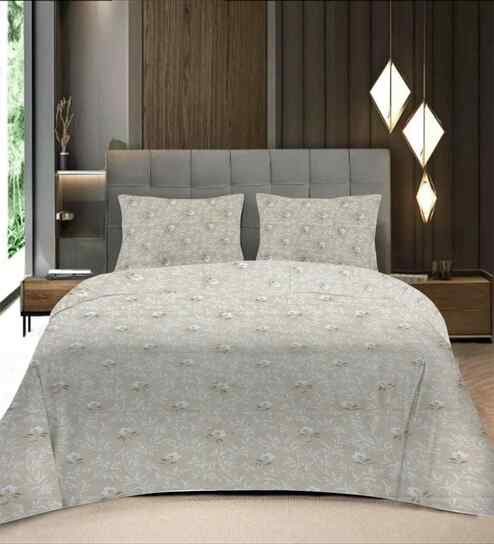 Coffee Floral 400 TC Cotton Queen Flat Bedsheet with 2 Pillow Covers Essential Collection