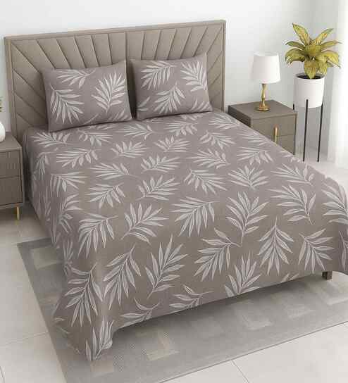 Light Brown Floral 400 TC Cotton Queen Flat Bedsheet with 2 Pillow Covers Essential Collection