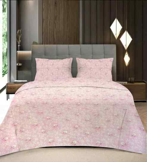 Light Pink Floral 400 TC Cotton Queen Flat Bedsheet with 2 Pillow Covers Essential Collection