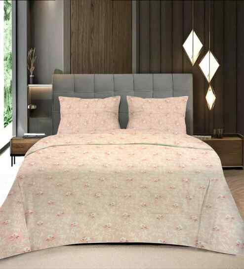 Peach Floral 400 TC Cotton Queen Flat Bedsheet with 2 Pillow Covers Essential Collection