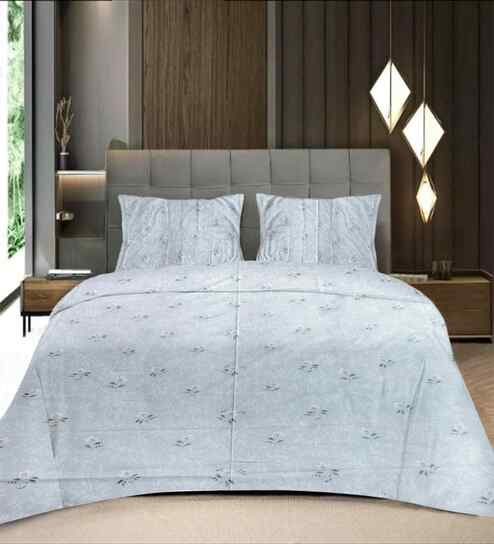 Blue Floral 400 TC Cotton Queen Flat Bedsheet with 2 Pillow Covers Essential Collection