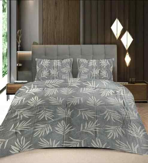 Grey Floral 400 TC Cotton Queen Flat Bedsheet with 2 Pillow Covers Essential Collection