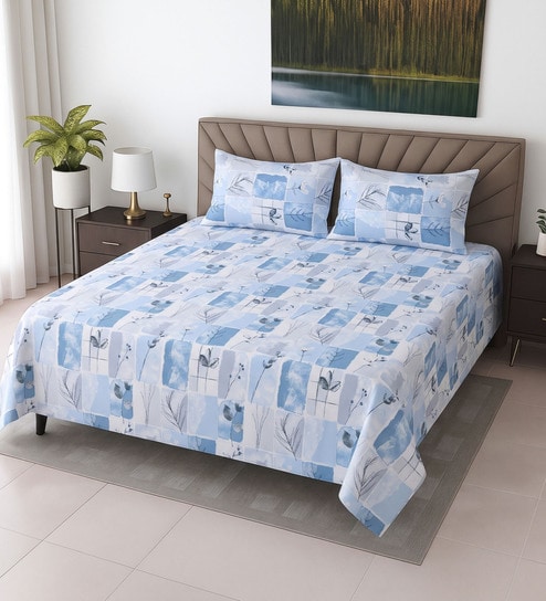 Blue Floral 400 TC Cotton Super King Bedsheet with 2 Pillow Covers Luxury Series Collection