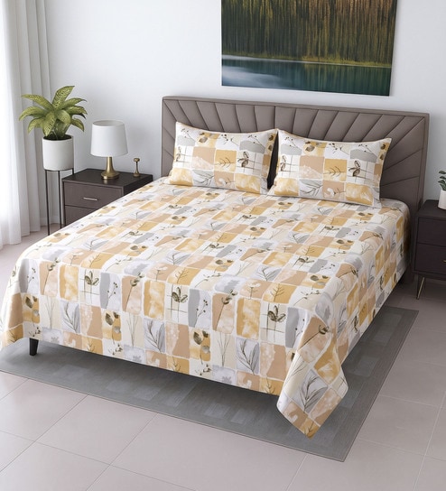 Yellow Floral 400 TC Cotton Super King Bedsheet with 2 Pillow Covers Luxury Series Collection