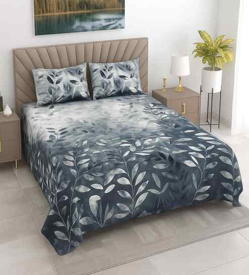 White & Dark Blue Floral 400 TC Cotton Super King Flat Bedsheet with 2 Pillow Covers Essential Collection