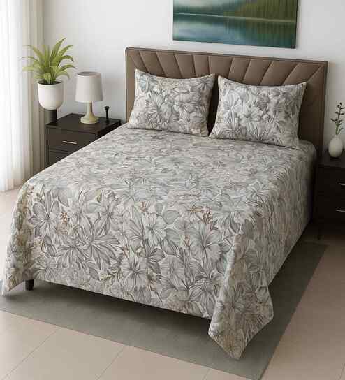 Cream Floral 400 TC Cotton Super King Flat Bedsheet with 2 Pillow Covers Essential Collection