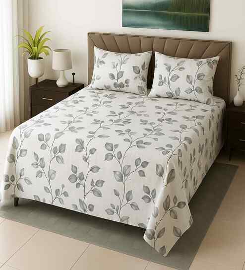 White Floral 400 TC Cotton Super King Flat Bedsheet with 2 Pillow Covers Essential Collection