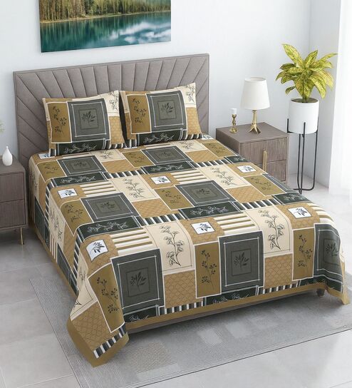 Brown Floral 400 TC Cotton Superking Size Bedsheet With 2 Pillow Covers