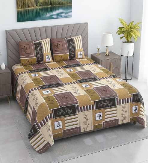 Brown Floral 400 TC Cotton Superking Size Bedsheet With 2 Pillow Covers