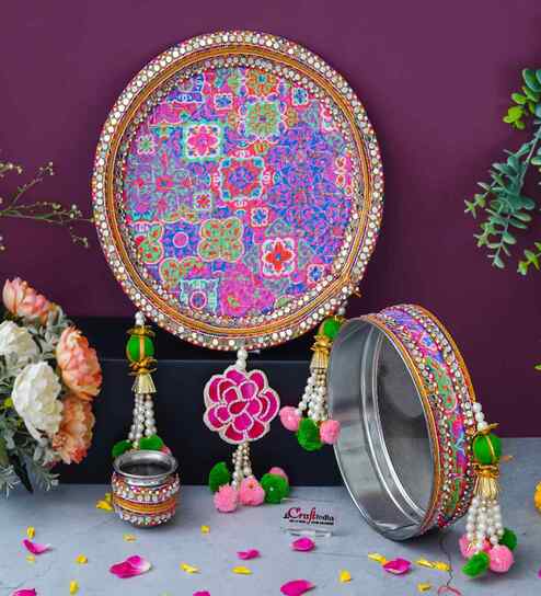 Multicolor Floral Decorative Stainless Steel Karwa Chauth Thali Set with Plate Chalni Lota|Karva Chauth Pooja Thali