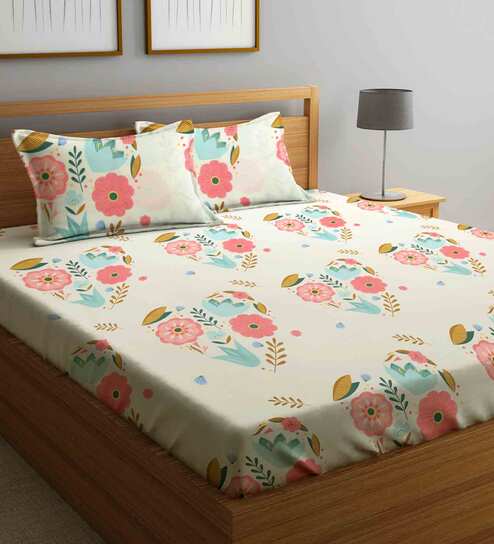 Multicolor Floral 210 TC Poly Cotton King Sized Bed Sheets with 2 Pillow Covers