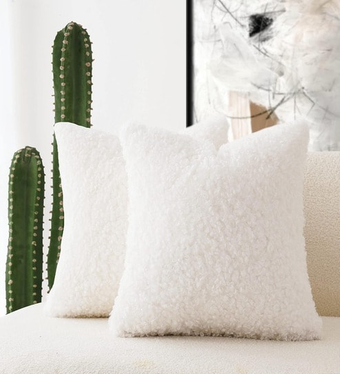 White Fur Solid 16x16 inches Cushion Covers (Pack of 2)