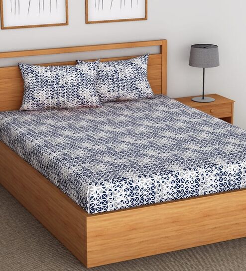 Blue Geometric 144 TC Cotton King Fitted Bedsheet with 2 Pillow Covers
