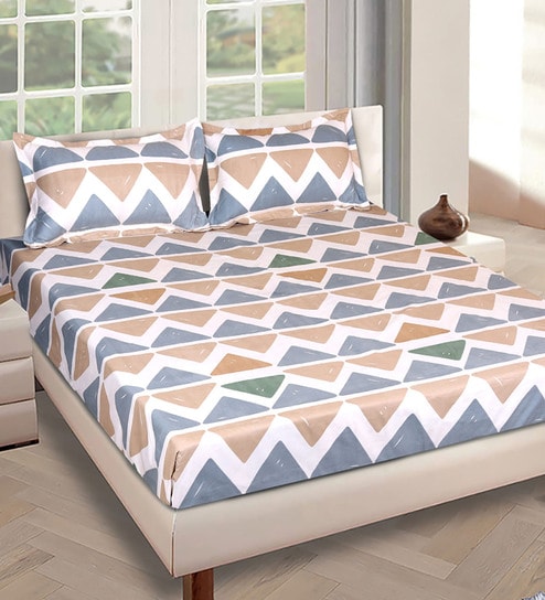 Multicolor Geometric 186 TC Glace Cotton King Sized Double Bedsheet with 2 Pillow Covers