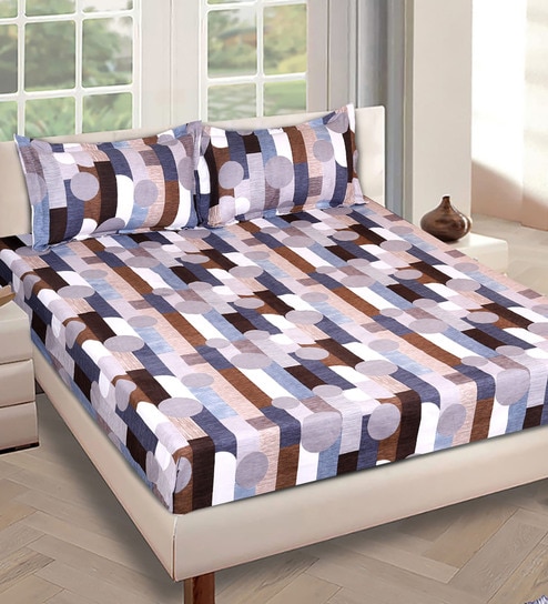 Grey Geometric 186 TC Glace Cotton King Sized Double Bedsheet with 2 Pillow Covers