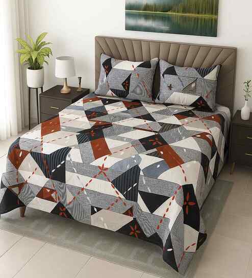 Multicolor Geometric 210 TC Cotton Queen Size Bedsheet with 2 Pillow covers Essential Series Collection