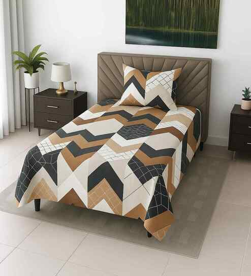 Multicolor Geometric 210 TC Mix Cotton Single Bed Size Bedsheet wih 1 Pillow cover Essential Series Collection