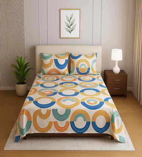 Multicolor Geometric 210 TC Mix Cotton Single Bed Size Bedsheet wih 2 Pillow cover Essential Series Collection