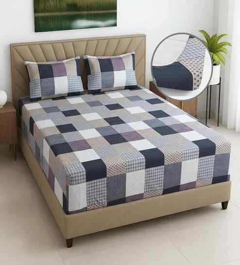 Multicolor Geometric 270 TC Polcotton Queen Sized  Fitted Double Bedsheet with 2 Pillow Covers Luxury Series Collection
