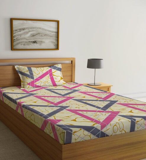 Multicolor Geometric 300 TC Cotton Fitted Single Bedsheet with 1 Pillow Cover