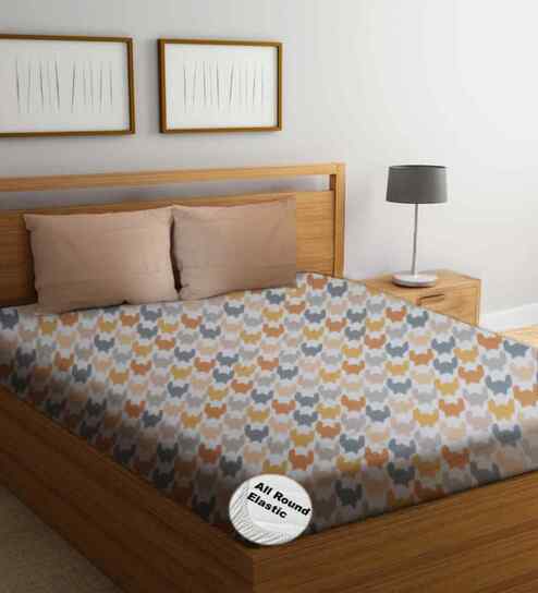 Multicolor Geometric 300 TC Glaze Cotton Fitted Bed Sheet Super King with 2 Pillow Covers Essential Collection