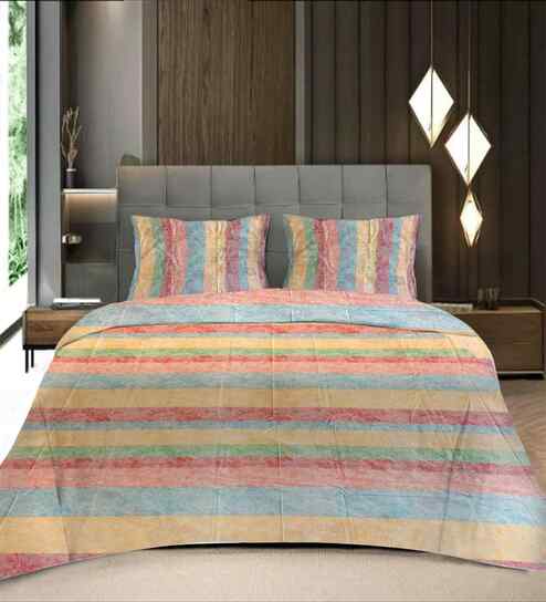 Multicolor Geometric 400 TC Cotton Queen Flat Bedsheet with 2 Pillow Covers Essential Collection