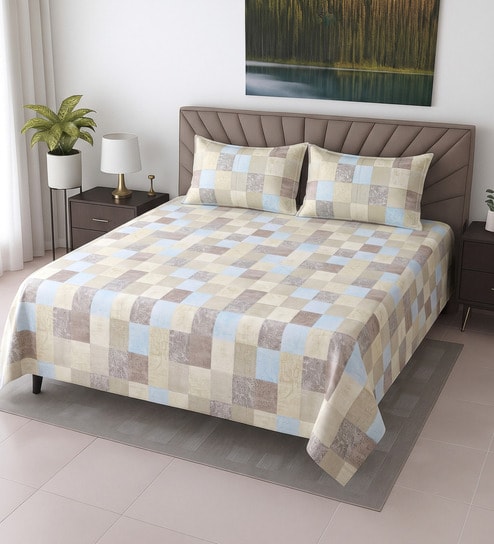 Cream Geometric 400 TC Cotton Super King Bedsheet with 2 Pillow Covers Luxury Series Collection