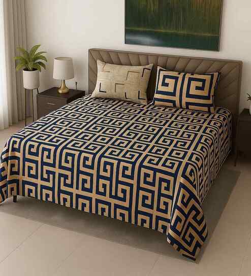 Multicolor Geometric 400 TC Cotton SuperKing Sized Double Bedsheet with 2 Pillow Covers Luxury Series Collection