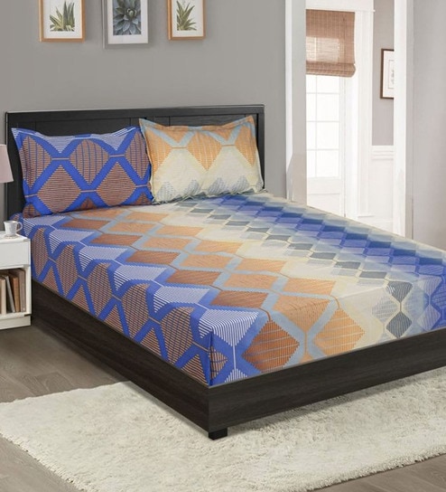 Multicolor Geometric 144 TC Cotton Blend Queen Sized Bed Sheets with 2 Pillow Covers