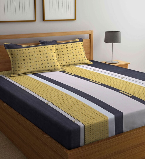 Multicolor Striped 300 TC Cotton Blend King Sized Bed Sheets with 2 Pillow Covers