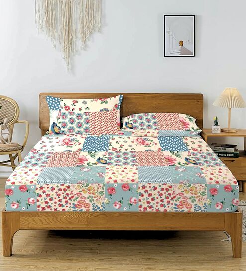 Multicolor Glace Cotton Floral Elastic Fitted King Bedsheet With 2 Pillow Covers
