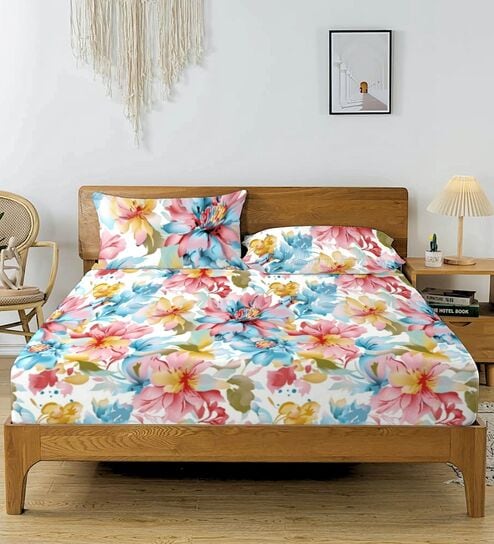 Multicolor Glace Cotton Floral Elastic Fitted King Bedsheet With 2 Pillow Covers