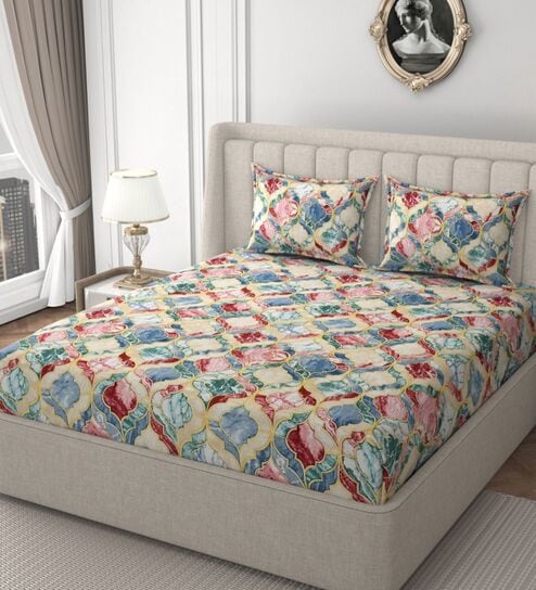Multicolor Glace Cotton Floral Print Elastic Fitted King Bedsheet With 2 Pillow Covers