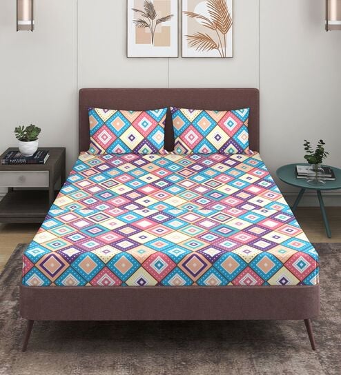 Multicolor Glace Cotton Geometric Print Elastic Fitted King Bedsheet With 2 Pillow Covers