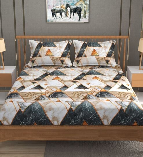 Multicolor Glace Cotton Geometric Print Elastic Fitted King Bedsheet With 2 Pillow Covers