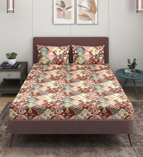 Multicolor Glace Cotton Geometric Print Elastic Fitted King Bedsheet With 2 Pillow Covers