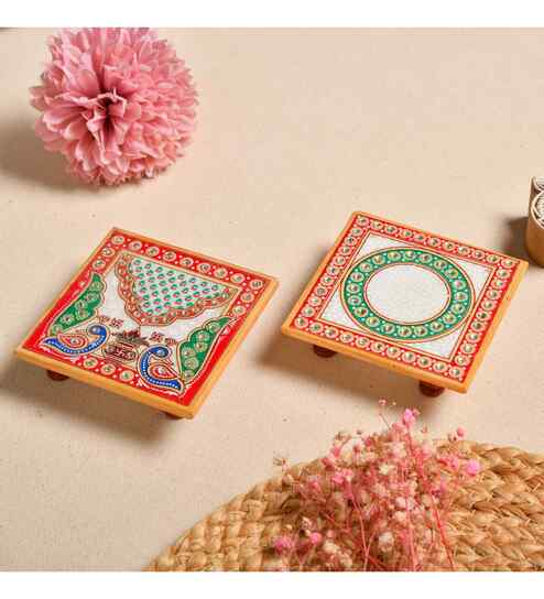 Multicolor Marble Puja Chowki for God Idols (Pack of 2)