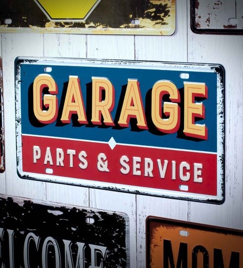 Blue And Red Metal Garage Parts & Service Wall Sign