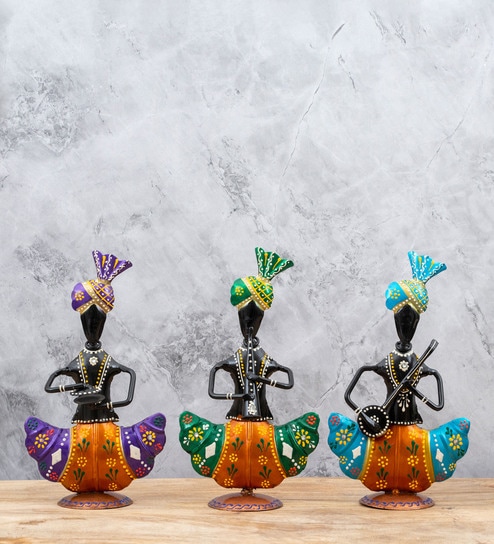 Multicolor Metal Handpainted Decorative Set of  3 Sardar Musician Showpiece