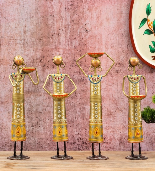Multicolor Metal Handpainted Decorative Set of 4 Rural Lady Showpiece