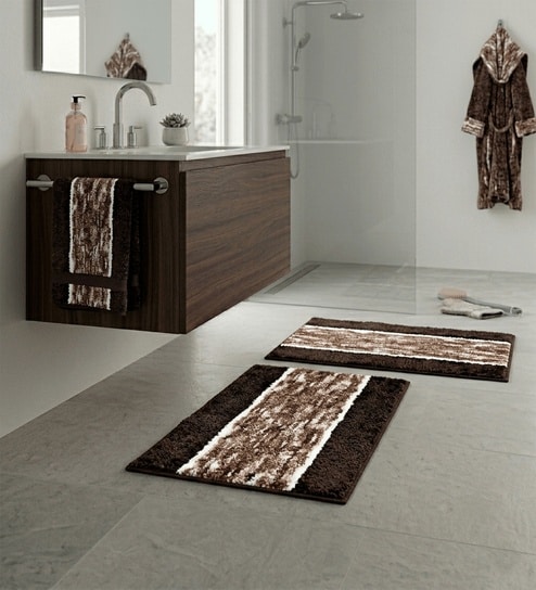 Brown Microfiber 15X23 Inches Anti-Skid Bath Mat Set Of 2