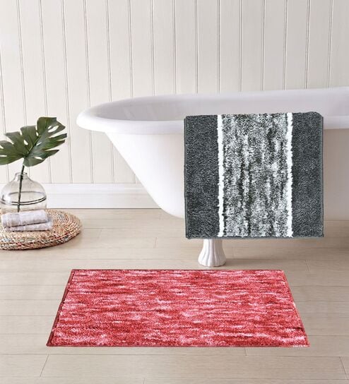 Red And Grey Microfiber 15X23 Inches Anti-Skid Bath Mat Set Of 2