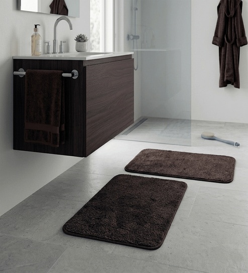 Brown Microfiber 15X23 Inches Anti-Skid Bath Mat Set Of 2
