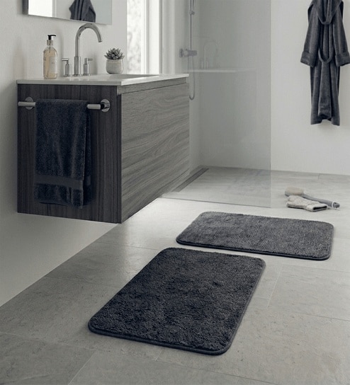Grey Microfiber 15X23 Inches Anti-Skid Bath Mat Set Of 2