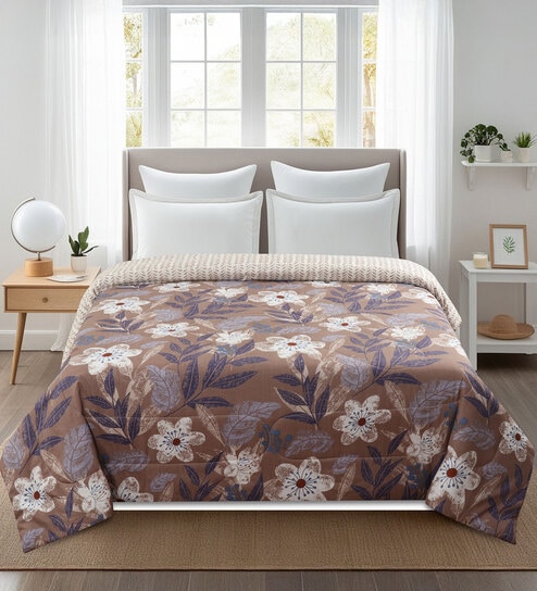 Brown & White Floral Reversible 180 GSM Double Bed AC All Season Comforter