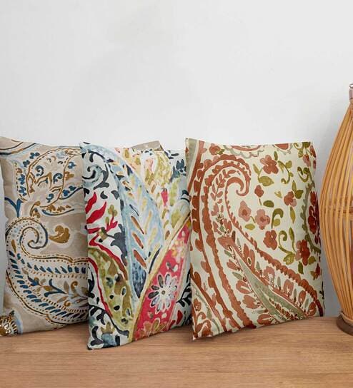 Multicolor Traditional Ethnic Polycanvas 16 x 16 Inches Cushion Covers (Set of 3) by Zeba