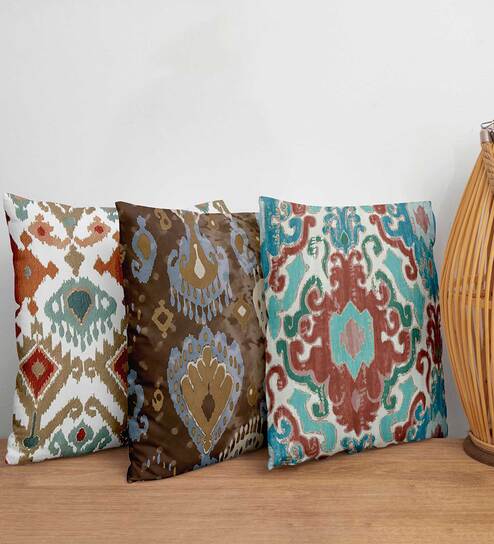 Multicolor Traditional Polycanvas 16x16 Inches Cushion Covers (Set of 3) by Zeba